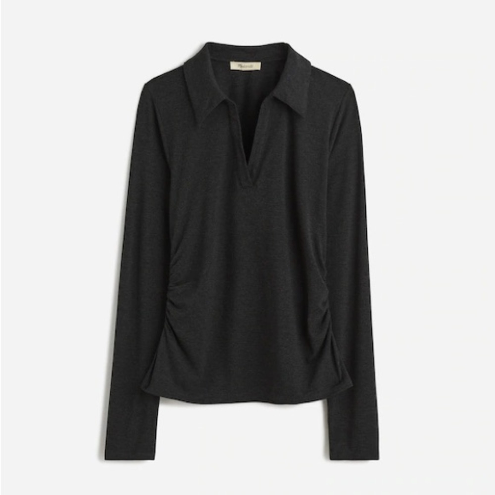 Madewell Side Cinch Long Sleeve Polo Top sweater vneck collar charcoal ruched